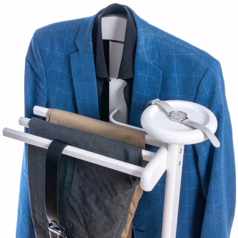 Tatkraft Graf – Valet de chambre en hêtre avec cintre, 3 porte-pantalons, tablette et roulettes, blanc