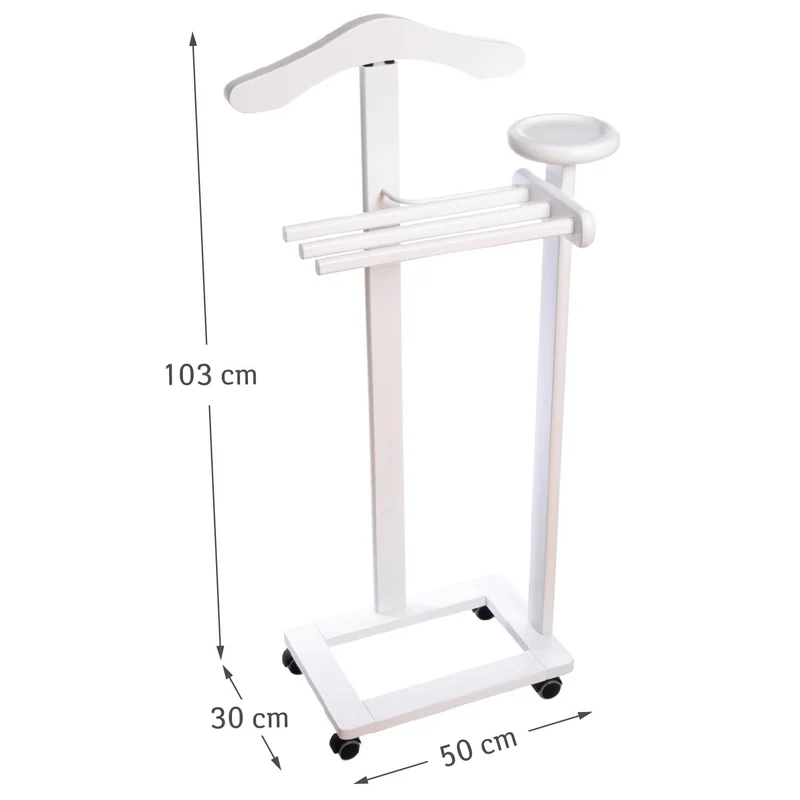 Tatkraft Graf – Valet de chambre en hêtre avec cintre, 3 porte-pantalons, tablette et roulettes, blanc
