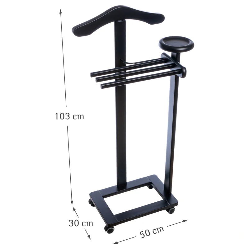 Tatkraft Baron – Valet de chambre en hêtre noir, cintre, 3 porte-pantalons, tablette de rangement et roulettes