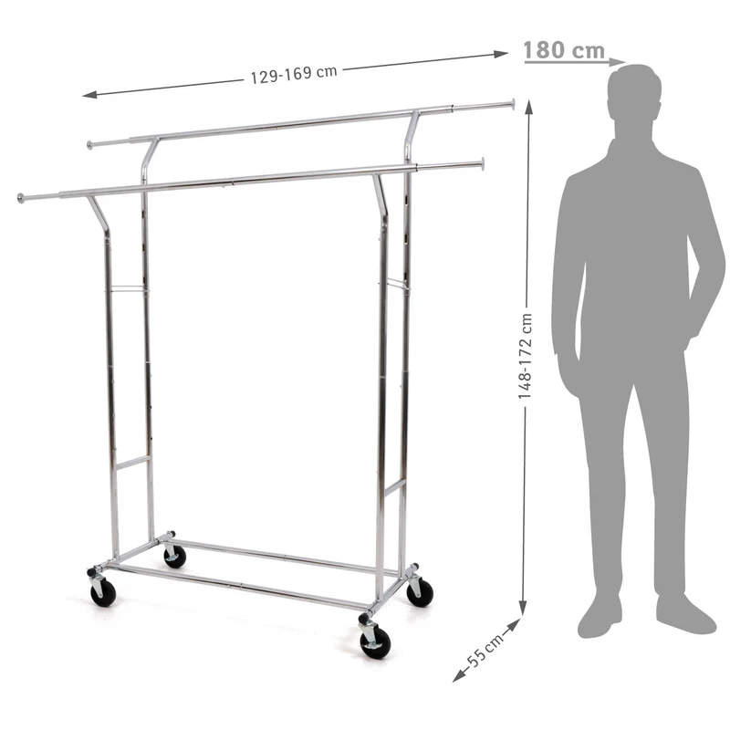 Tatkraft Denver - Portant Vêtement Solide, Double, avec roulettes, Capacité de Charge 110kg, 1 min Montage, Longueur réglable, Pliable, Chromé