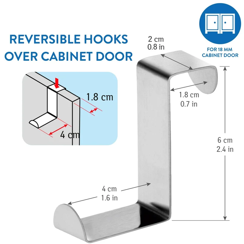 Tatkraft Seger 10 Crochets de Porte en Acier Inoxydable, Réversibles pour Porte Standart et Placard Armoire, Jusqu’à 5 kg