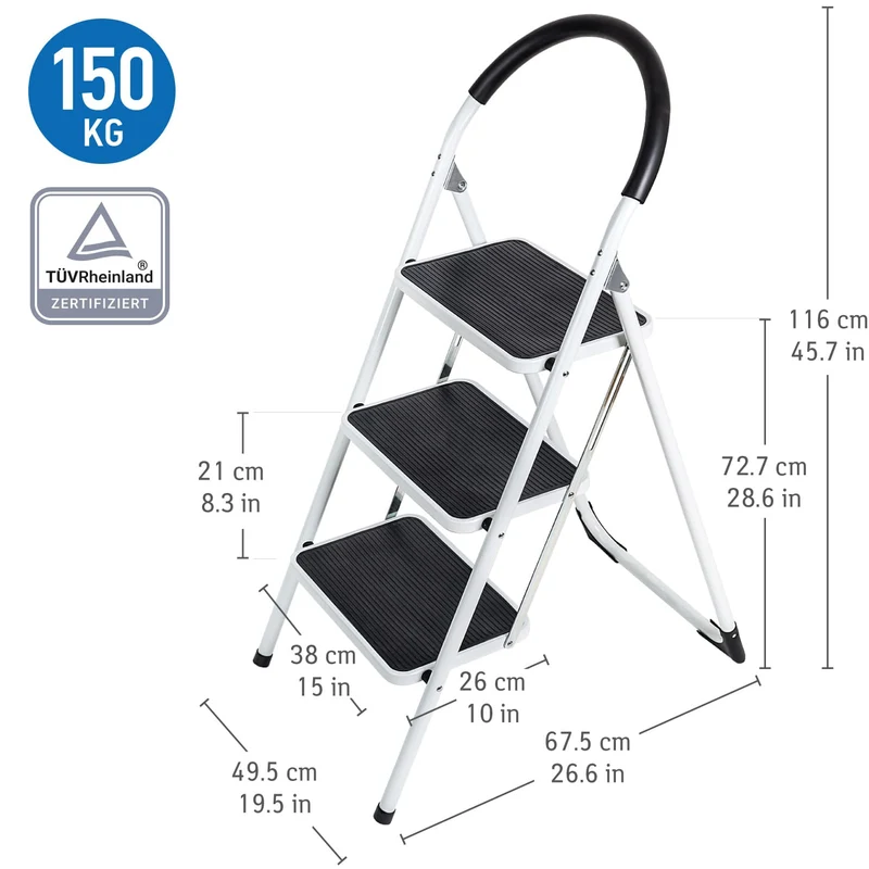 WonderWorker Bold – Escabeau pliable 3 marches antidérapantes en acier, jusqu’à 150 kg, certificat GS
