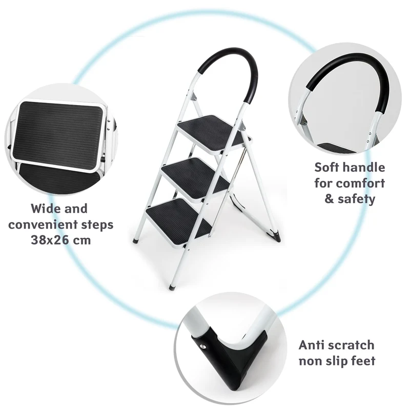 WonderWorker Bold – Escabeau pliable 3 marches antidérapantes en acier, jusqu’à 150 kg, certificat GS