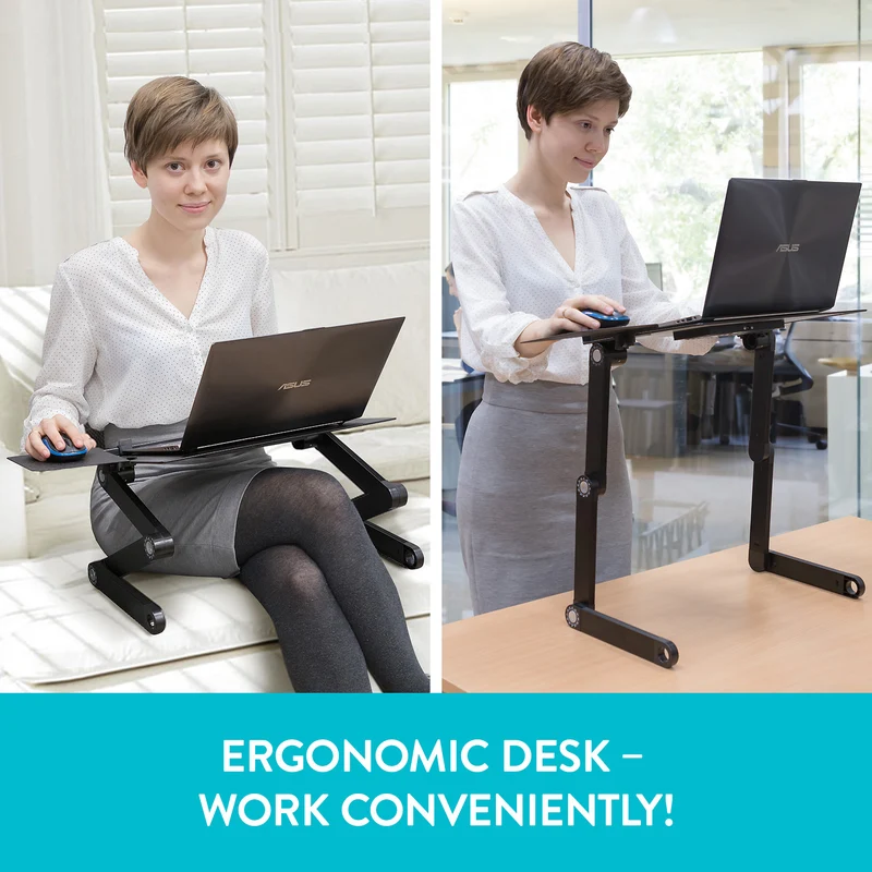 WonderWorker Einstein – Table réglable pour ordinateur portable jusqu’à 17 pouces, 2 ventilateurs USB et support de souris, aluminium noir