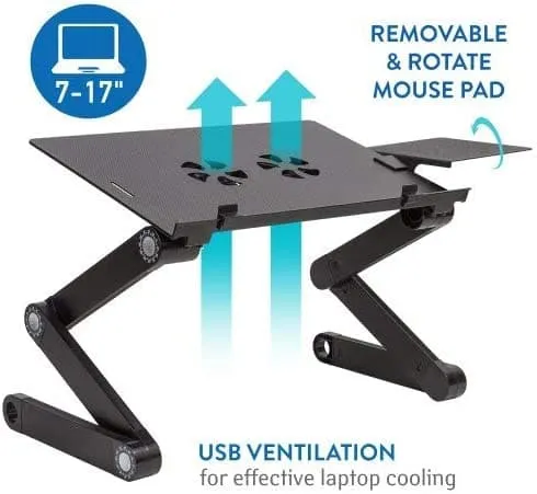 WonderWorker Einstein – Table réglable pour ordinateur portable jusqu’à 17 pouces, 2 ventilateurs USB et support de souris, aluminium noir
