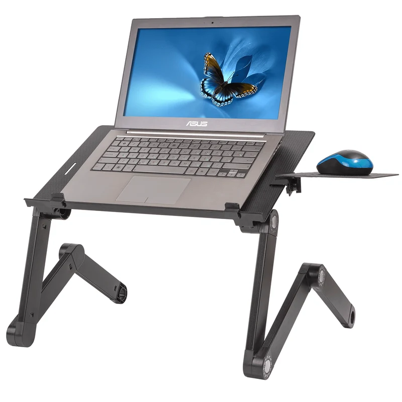 WonderWorker Einstein – Table réglable pour ordinateur portable jusqu’à 17 pouces, 2 ventilateurs USB et support de souris, aluminium noir