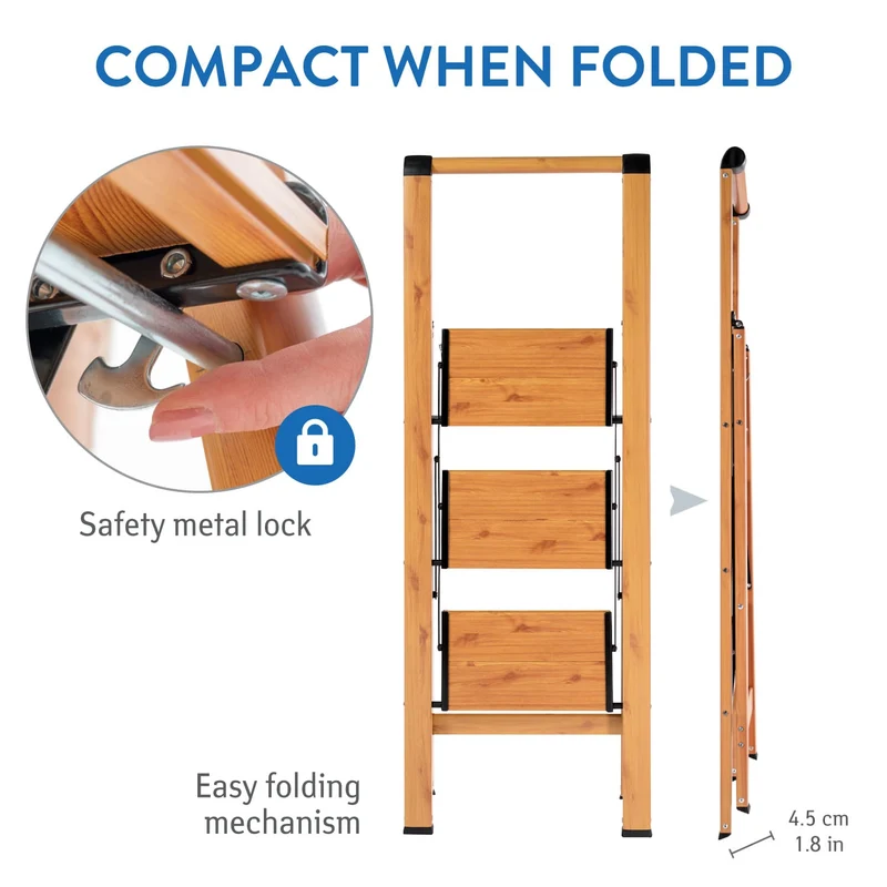 Tatkraft Up – Escabeau pliable 3 marches antidérapantes, jusqu’à 150 kg, aluminium, aspect bois scandinave