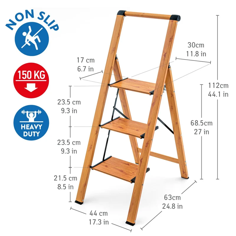 Tatkraft Up – Escabeau pliable 3 marches antidérapantes, jusqu’à 150 kg, aluminium, aspect bois scandinave