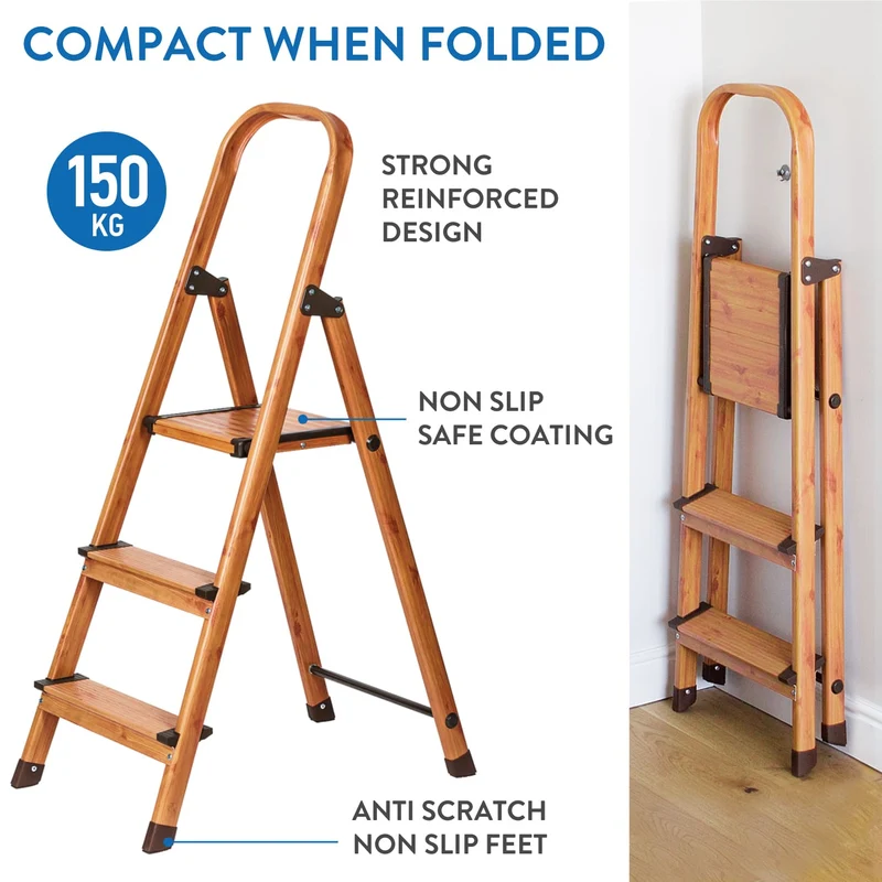 Tatkraft Upgrade 3 - Escabeau 3 marches, Escabeau Pliable en Aluminium Ultra Léger 3 Marches Antidérapantes et Garde-Corps, Jusqu’à 150 kg