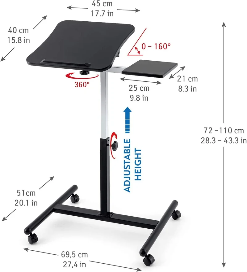 Tatkraft Vanessa - Table ordinateur portable à roulettes, Pour gaucher et droitier, Table de lit roulante, Réglable en hauteur, Noir