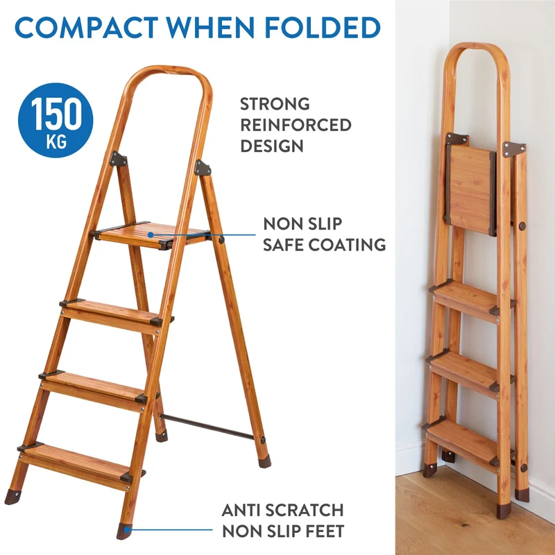 Tatkraft Upgrade 4 – Escabeau pliable 4 marches antidérapantes, jusqu’à 150 kg, ultra-léger, garde-corps, design scandinave