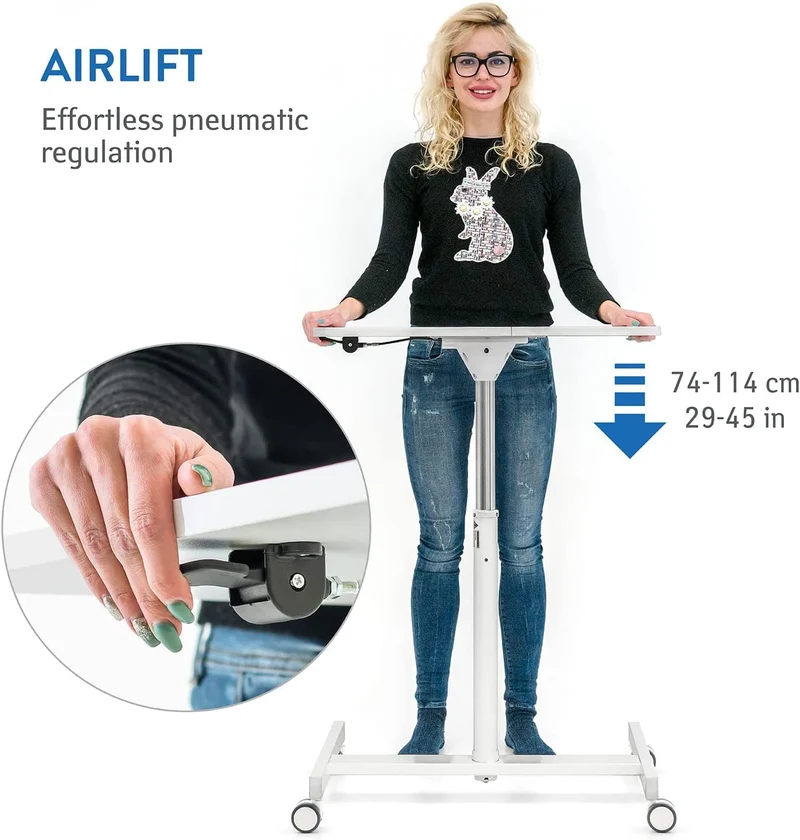 Tatkraft Trend – Table élévatrice pneumatique pour ordinateur, bureau mobile sur roulettes, hauteur réglable de 74 à 114 cm