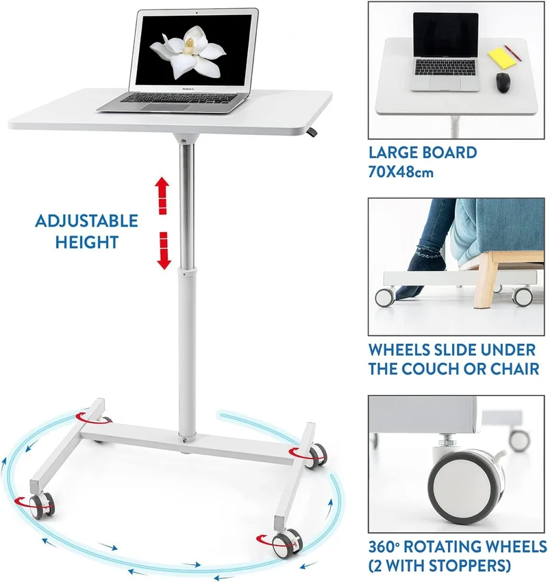 Tatkraft Trend – Table élévatrice pneumatique pour ordinateur, bureau mobile sur roulettes, hauteur réglable de 74 à 114 cm