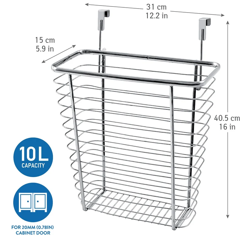 Tatkraft Top – Panier de rangement et poubelle suspendue sur porte de placard, 10 L, acier chromé