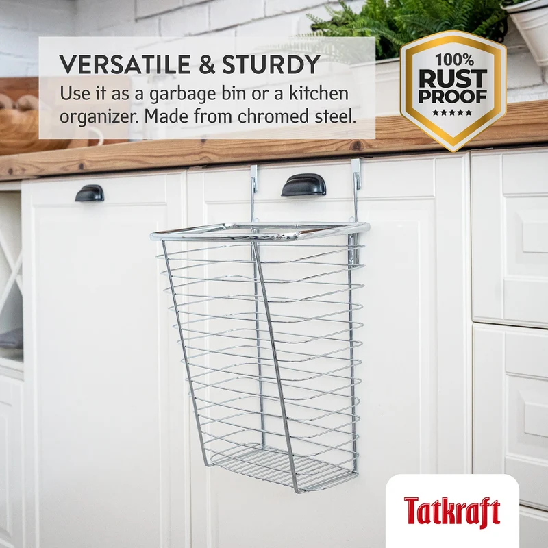 Tatkraft Top – Panier de rangement et poubelle suspendue sur porte de placard, 10 L, acier chromé