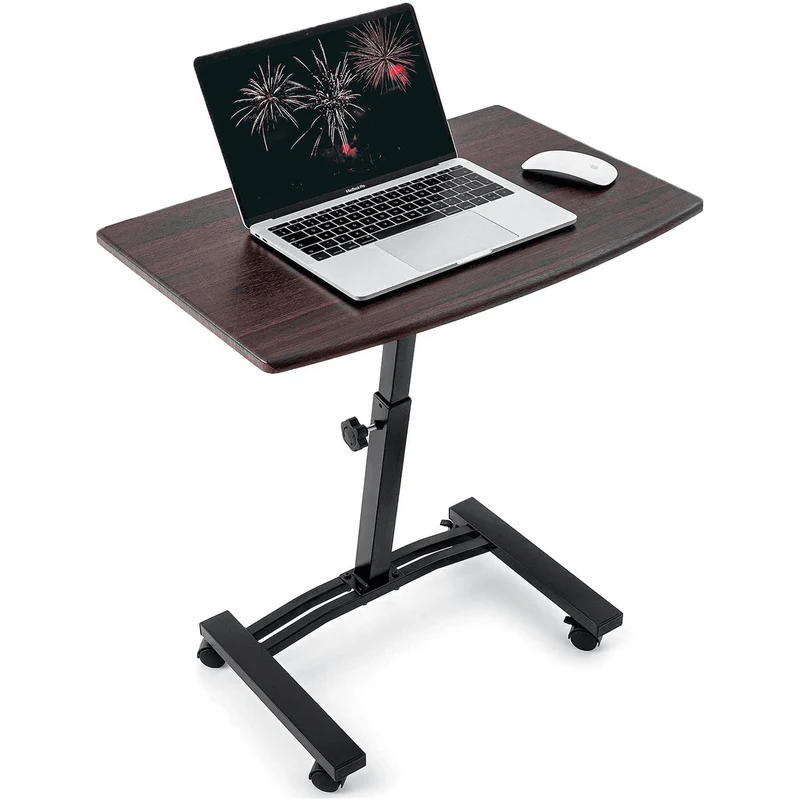 Tatkraft Salute - Table de lit roulante pour ordinateur portable, hauteur réglable, freins intégrés, plateau de 60 × 40 cm en acajou brun foncé