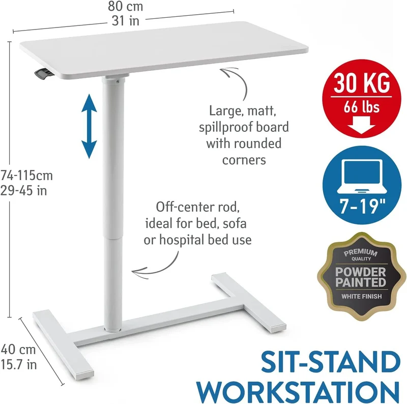 Tatkraft Relax - Table pour ordinateur, Station pneumatique polyvalente: Hauteur réglable 74 - 115 cm, Grand plateau pour portables jusqu'à 20"