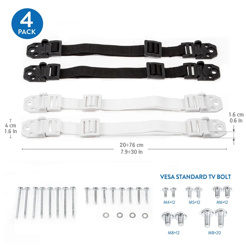 Tatkraft Protect - 4 sangles de sécurité pour téléviseur et meubles, 2 blanches et 2 noires
