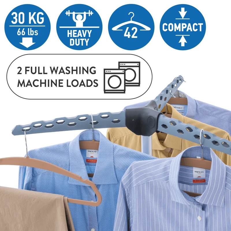 Tatkraft Pine - Séchoir à Linge Tour, Petit Étendoir à Linge Pliable Solide, Porte Cintres à Bras, Trépied de Séchage, Capacité: 30 Kg, 42 Cintres