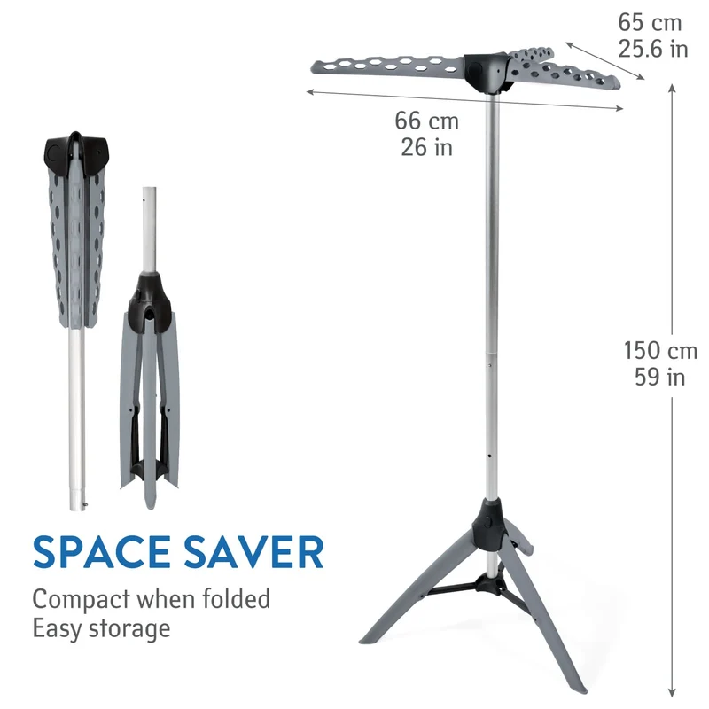 Tatkraft Pine - Séchoir à Linge Tour, Petit Étendoir à Linge Pliable Solide, Porte Cintres à Bras, Trépied de Séchage, Capacité: 30 Kg, 42 Cintres