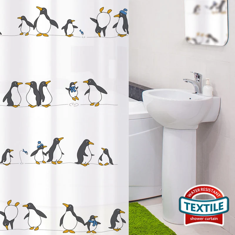 Tatkraft Penguins Rideau de Douche Imperméable, Tissu Polyester, 12 Anneaux Inclus, Design Lumineux, 180x180 cm