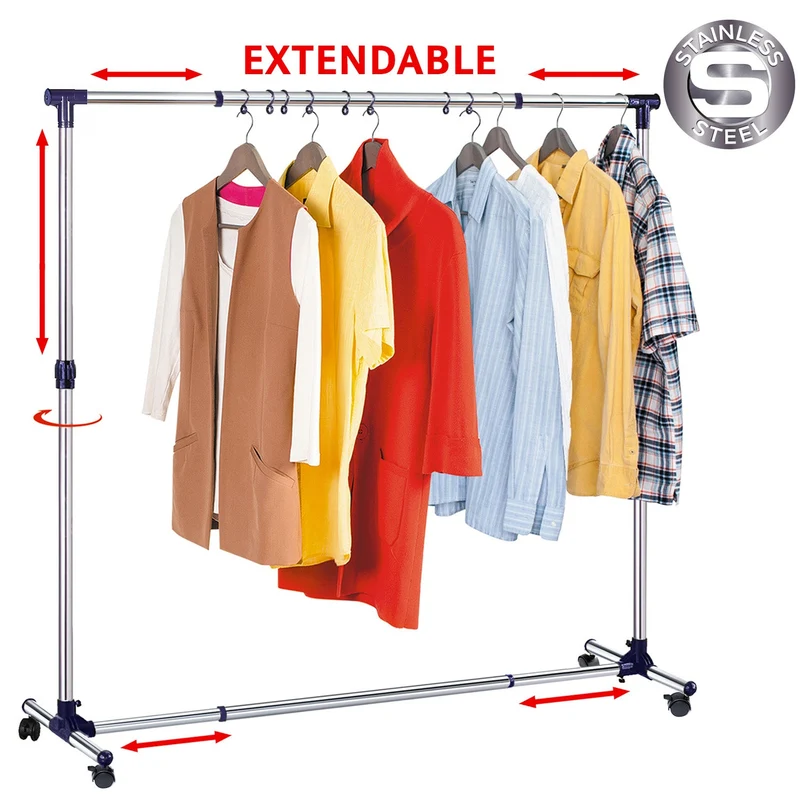Tatkraft New York – Portant à vêtements sur roulettes, longueur et hauteur réglables, 86–143 × 44 × 100–165 cm, acier inoxydable