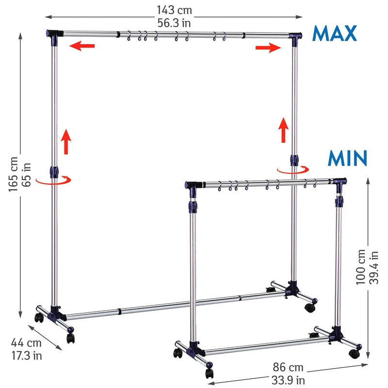 Tatkraft New York – Portant à vêtements sur roulettes, longueur et hauteur réglables, 86–143 × 44 × 100–165 cm, acier inoxydable