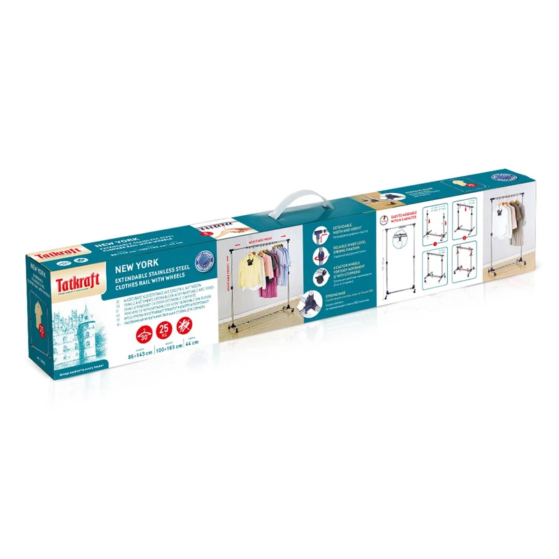 Tatkraft New York – Portant à vêtements sur roulettes, longueur et hauteur réglables, 86–143 × 44 × 100–165 cm, acier inoxydable