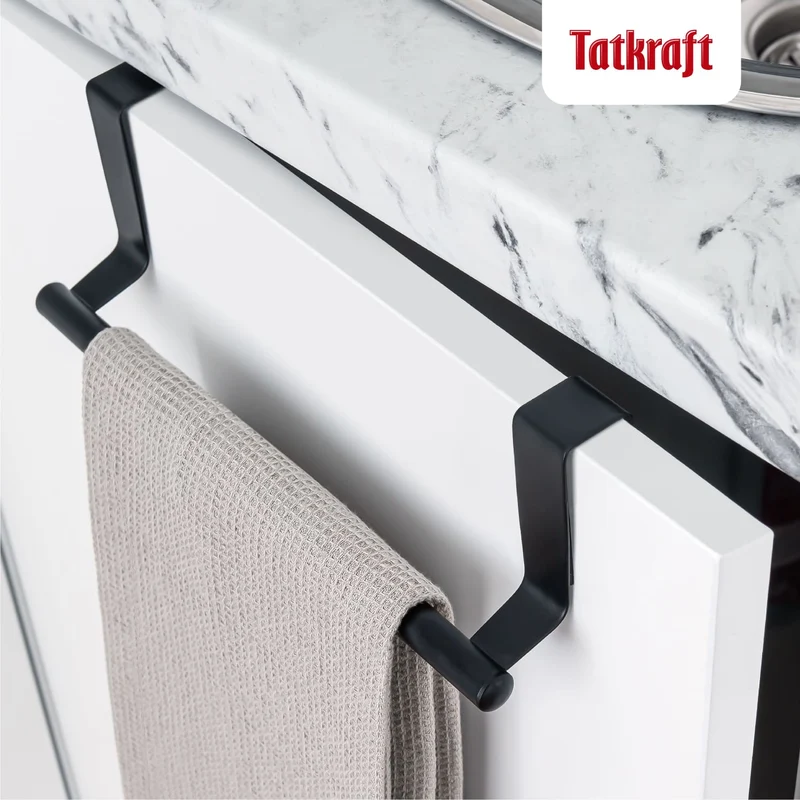 Tatkraft Horizon Black Porte Serviettes Torchons sur Porte, Barre Acier Inox à Suspendre sur Porte de Placard, Installation sans Perçage