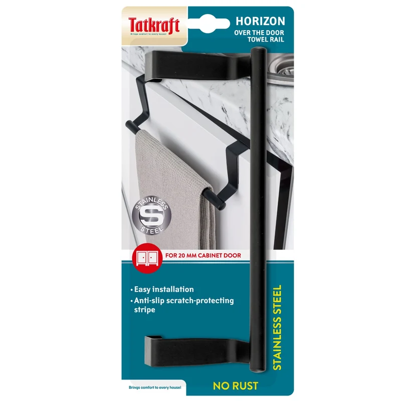 Tatkraft Horizon Black Porte Serviettes Torchons sur Porte, Barre Acier Inox à Suspendre sur Porte de Placard, Installation sans Perçage