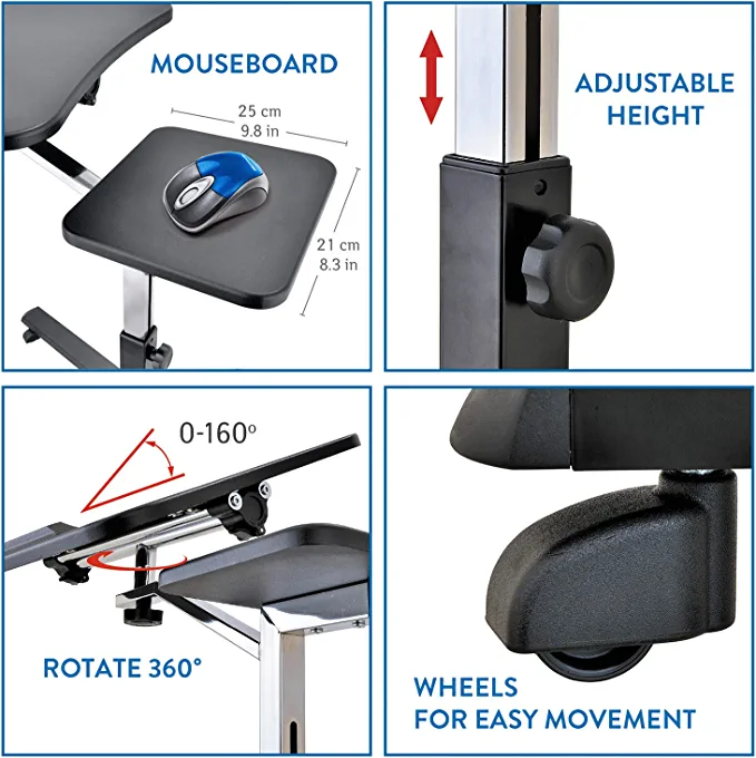 Tatkraft Joy – Table roulante pour ordinateur portable, plateau inclinable, hauteur réglable, tablette pour souris, noir et chrome