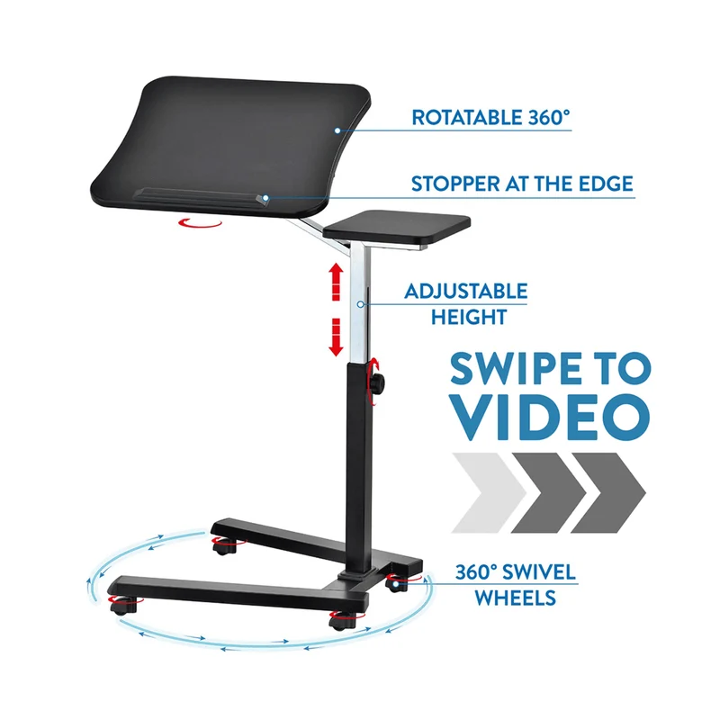 Tatkraft Joy – Table roulante pour ordinateur portable, plateau inclinable, hauteur réglable, tablette pour souris, noir et chrome