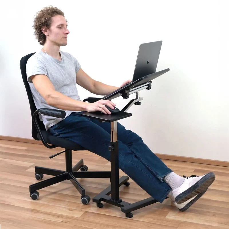 Tatkraft Joy – Table roulante pour ordinateur portable, plateau inclinable, hauteur réglable, tablette pour souris, noir et chrome