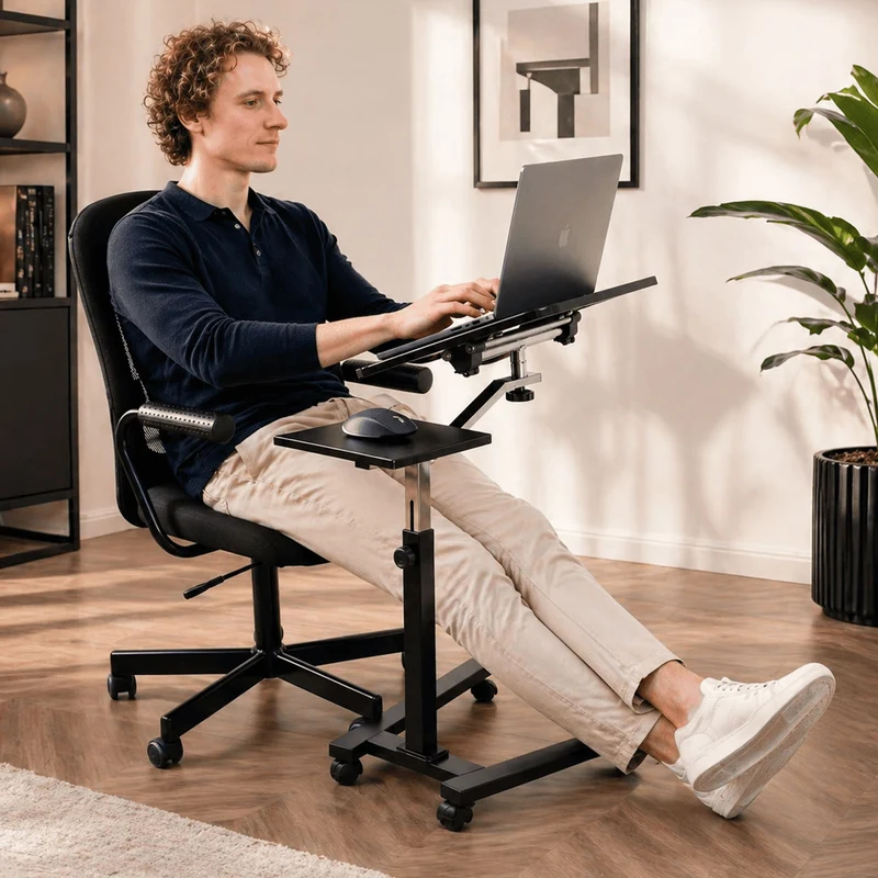 Tatkraft Joy – Table roulante pour ordinateur portable, plateau inclinable, hauteur réglable, tablette pour souris, noir et chrome
