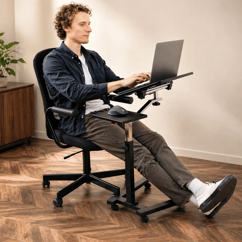 Tatkraft Joy – Table roulante pour ordinateur portable, plateau inclinable, hauteur réglable, tablette pour souris, noir et chrome