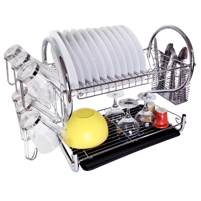 Tatkraft Helga – Égouttoir à vaisselle 2 niveaux en acier chromé pour 17 assiettes et 6 tasses, accessoires amovibles