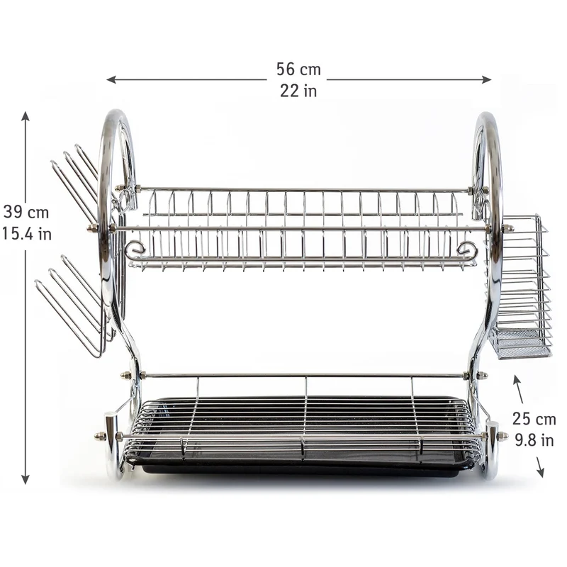 Tatkraft Helga – Égouttoir à vaisselle 2 niveaux en acier chromé pour 17 assiettes et 6 tasses, accessoires amovibles
