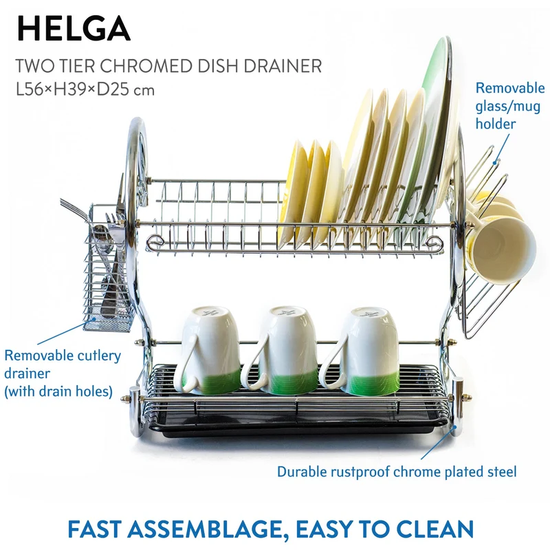 Tatkraft Helga – Égouttoir à vaisselle 2 niveaux en acier chromé pour 17 assiettes et 6 tasses, accessoires amovibles