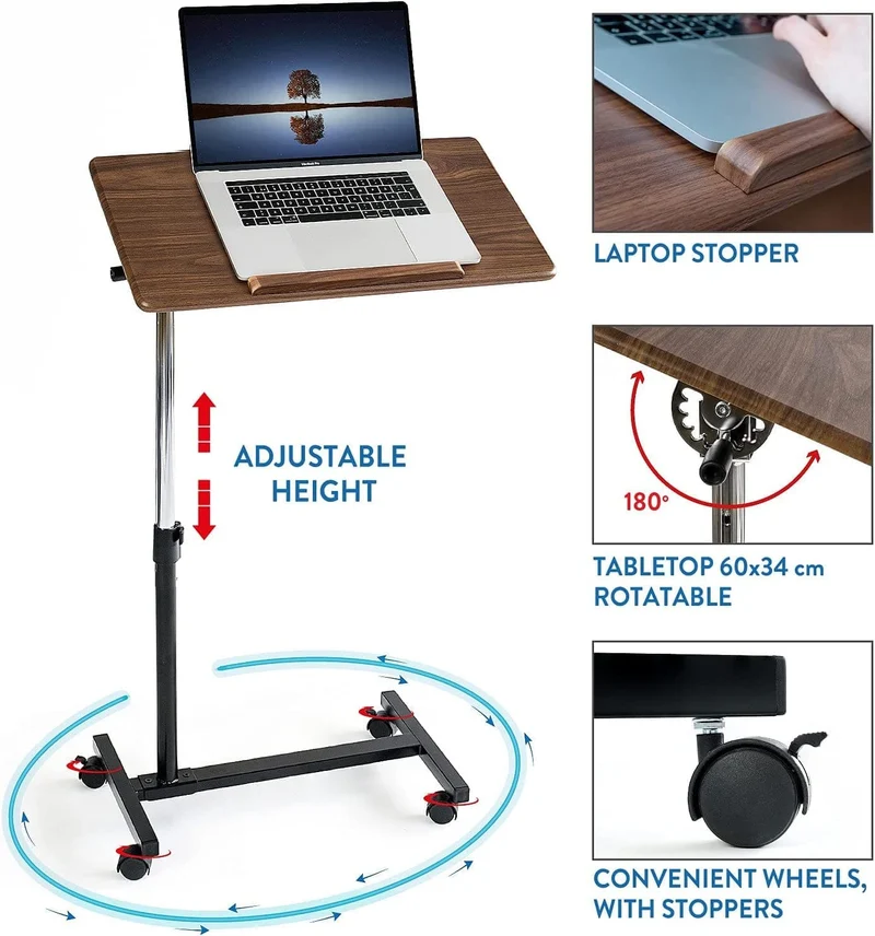 Tatkraft Gain – Table mobile pour ordinateur portable, bureau réglable en hauteur 71–96 cm, 4 roulettes