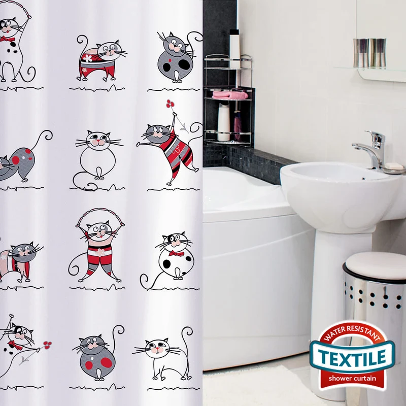 Tatkraft Funny Cats Rideau de Douche et Baignoire en Polyester Imperméable avec 12 Anneaux, Lavable Machine, 180 x 180 cm
