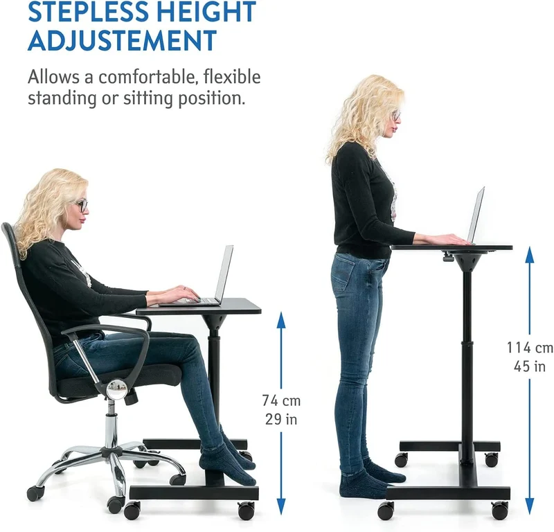 Tatkraft Focus - Table Pneumatique pour Ordinateur Portable à Roulettes, Hauteur Réglable de 74 à 114 cm