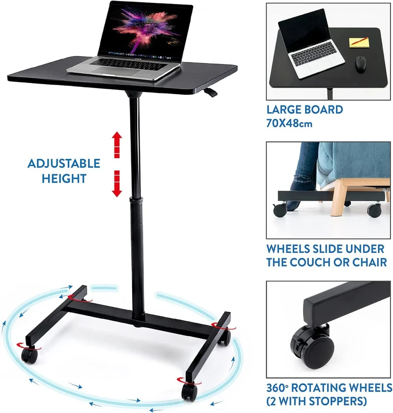 Tatkraft Focus - Table Pneumatique pour Ordinateur Portable à Roulettes, Hauteur Réglable de 74 à 114 cm