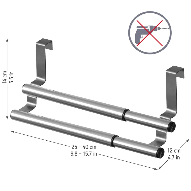 Tatkraft Double – Porte-serviettes double extensible en acier inoxydable pour portes et placards, installation sans outils