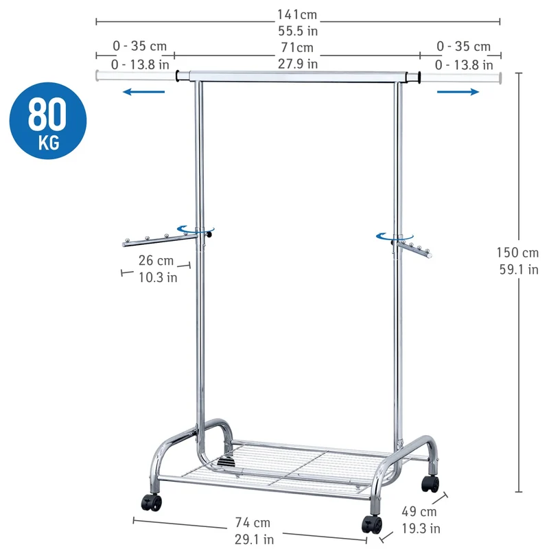 Tatkraft Bull - Portant à Vêtements INOX Multi Rangements sur Roulettes, Étagère à Chaussures, Jusqu'à 80 kg de Charge