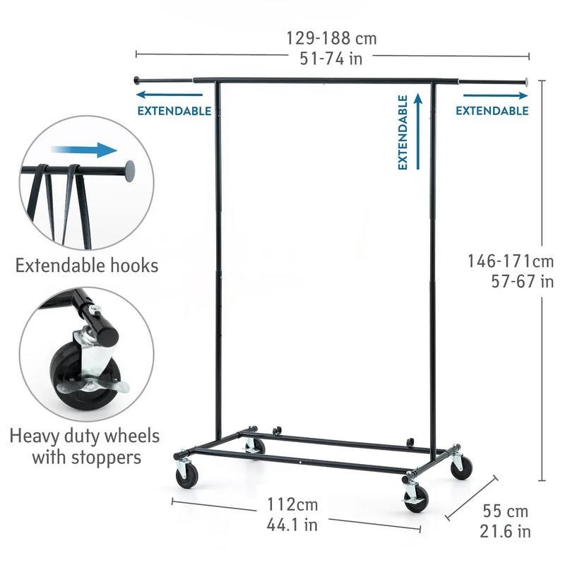 Tatkraft Derek - Portant Vêtement Solide, 100 kg Capacité, Portant Vetement Professionnel, avec Roulettes, Pliable, 1 min Montage, Extensible, Noire