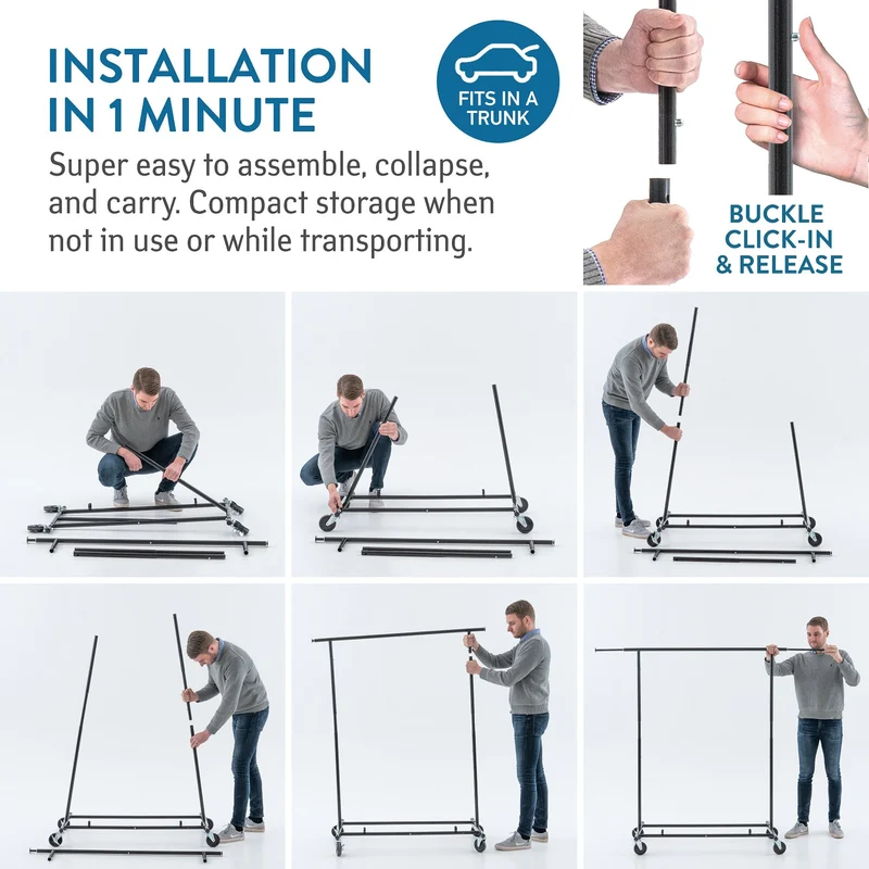 Tatkraft Derek - Portant Vêtement Solide, 100 kg Capacité, Portant Vetement Professionnel, avec Roulettes, Pliable, 1 min Montage, Extensible, Noire