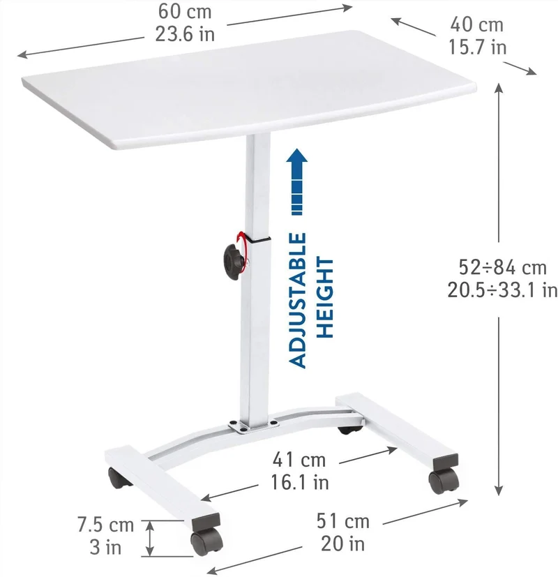Tatkraft Cheer – Table mobile pour ordinateur portable, hauteur réglable de 52 à 84 cm, plateau 60 × 40 cm, 4 roulettes avec frein, blanche