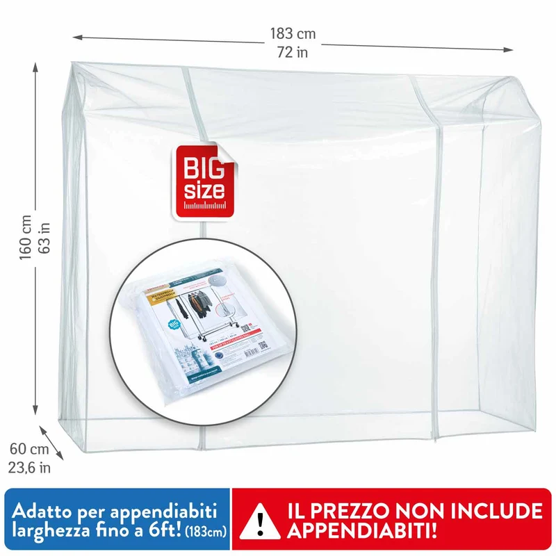 Tatkraft Big – Housse imperméable transparente pour portant à vêtements, grande, L 183 cm, ouverture et fermeture faciles