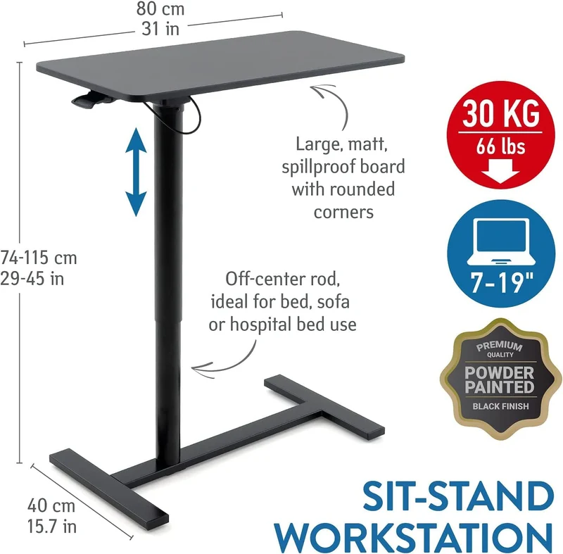 Tatkraft Bliss - Table Élévatrice Pneumatique à Roulettes pour Ordinateur Portable : Hauteur Réglable de 74 à 115 cm