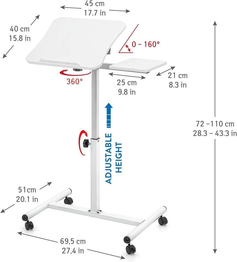 Tatkraft Bianca - Table Ergonomique pour Ordinateur Portable avec Support de Souris, Hauteur Réglable de 72 à 110 cm, Pivote à 360°